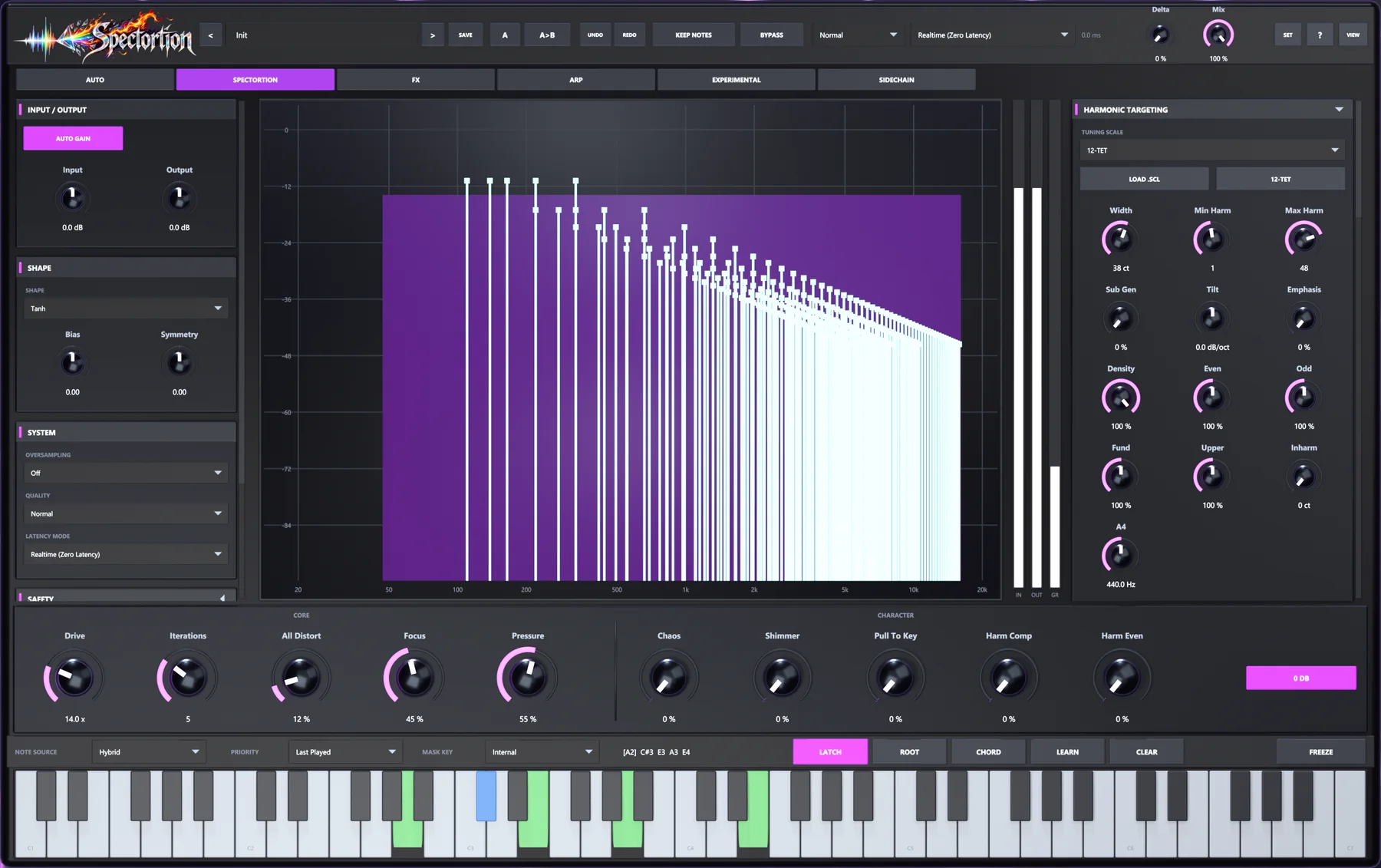 The Spectortion interface: analyser in the centre, harmonic targeting on the right, core knobs along the bottom, keyboard strip at the foot